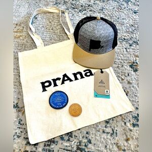 Prana Journeyman Flat Brim Nomad Trucker Hat, Canvas Tote & Patch / Sticker Set